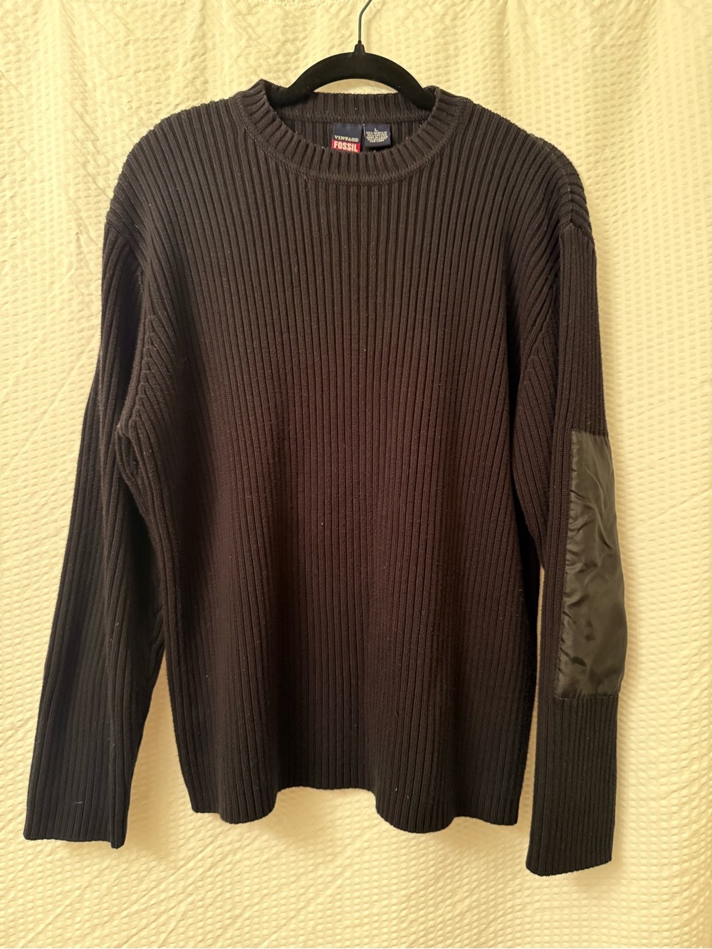 Vintage Fossil Ribbed Knit Sweater Sz L Elbow Patch Acrylic Cotton 1954 Cozy